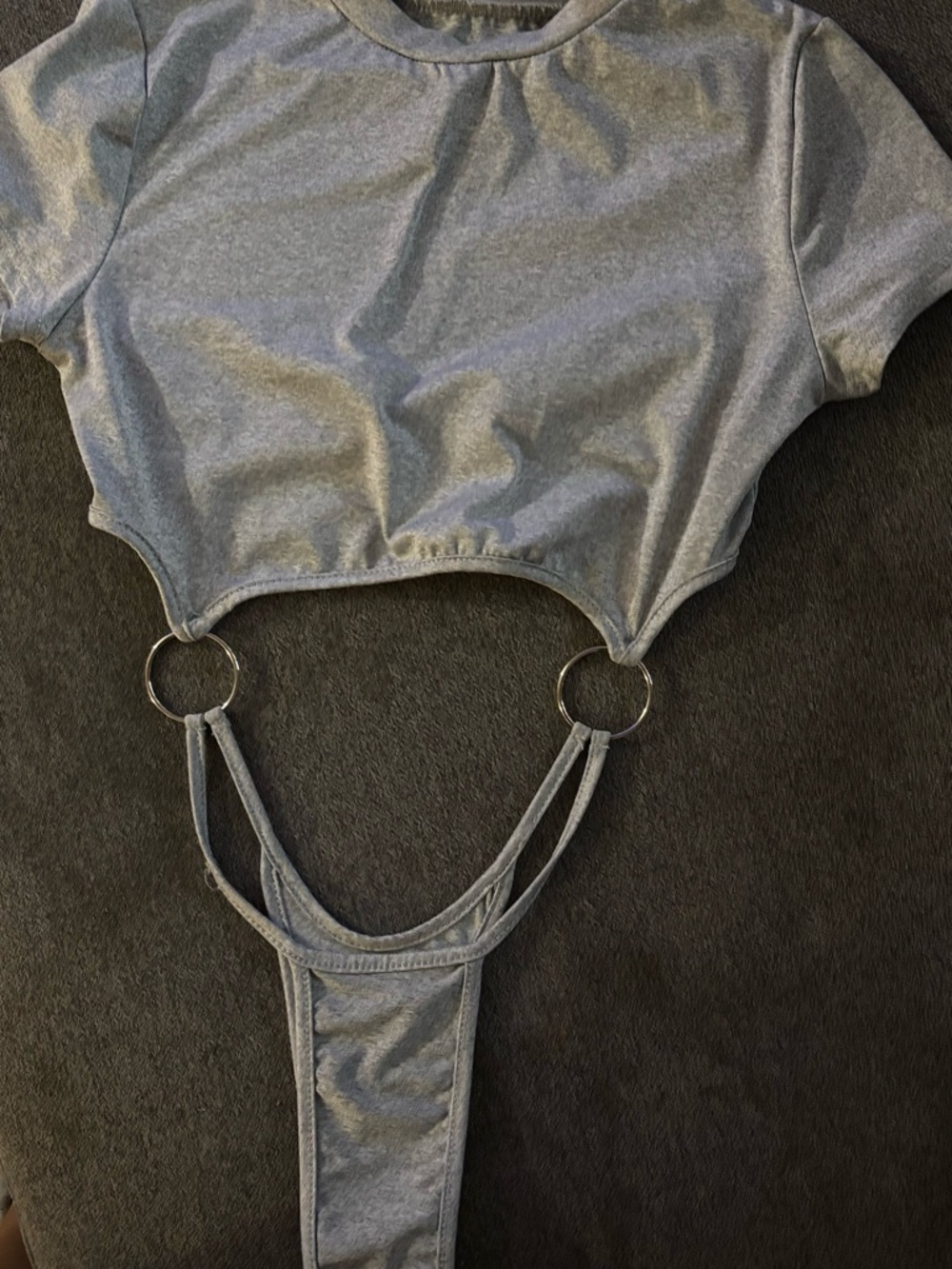 Gray Ring-Detail Crop Top Bodysuit